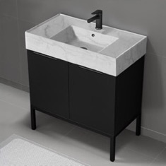 Modern Black Bathroom Vanity, 32 inch, Marble Style Sink, Free Standing